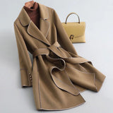 Women's Contrast Trim Belted Wool Coat