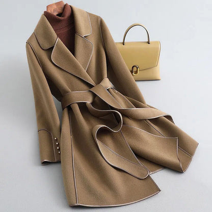 Women's Contrast Trim Belted Wool Coat