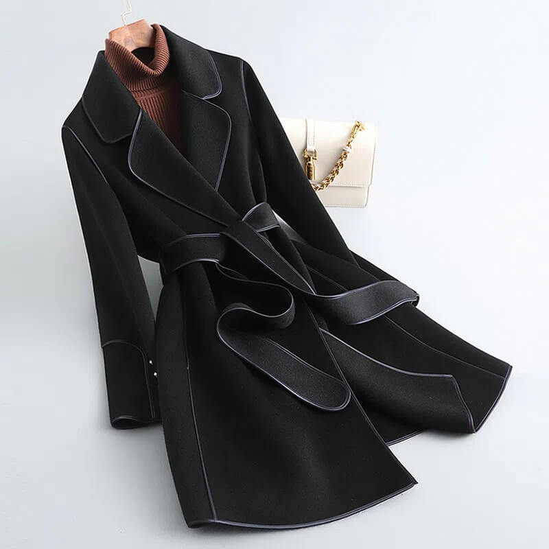 Women's Contrast Trim Belted Wool Coat