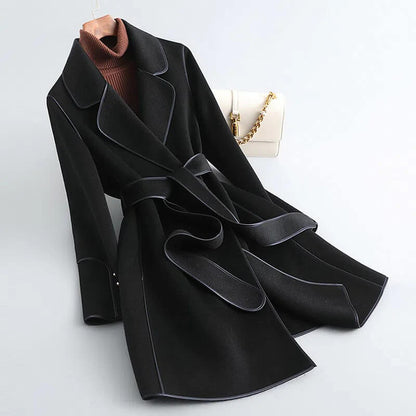 Women's Contrast Trim Belted Wool Coat