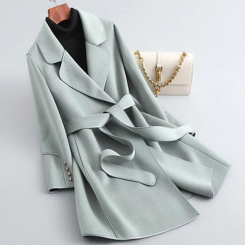 Women's Contrast Trim Belted Wool Coat