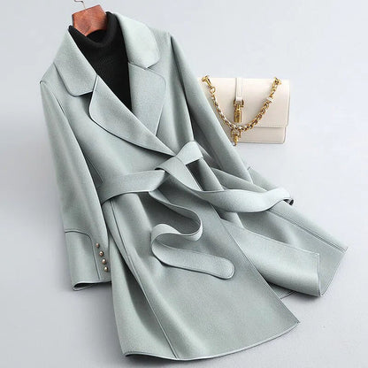Women's Contrast Trim Belted Wool Coat