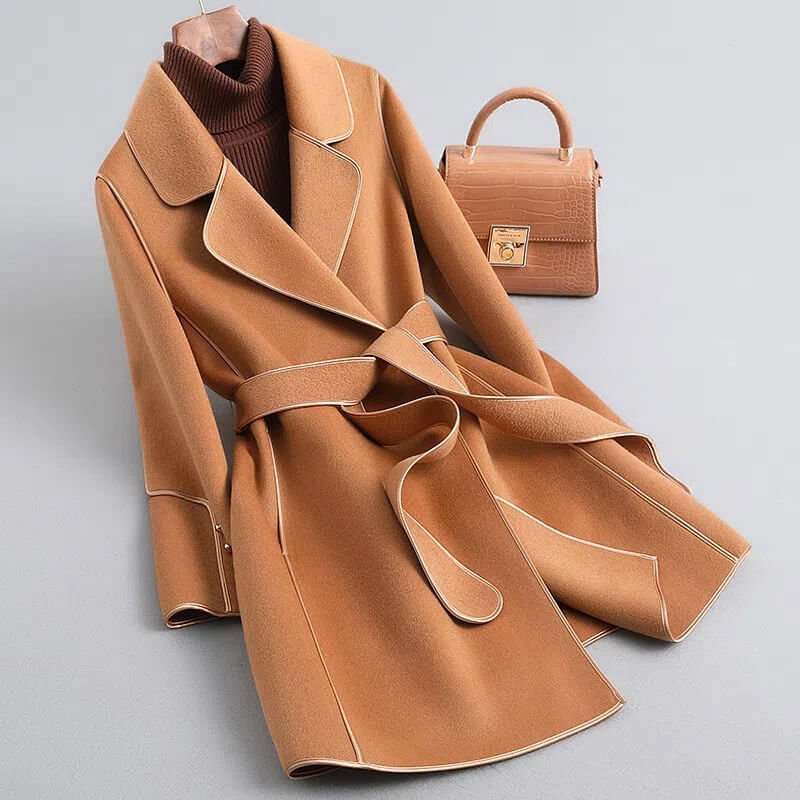Women's Contrast Trim Belted Wool Coat