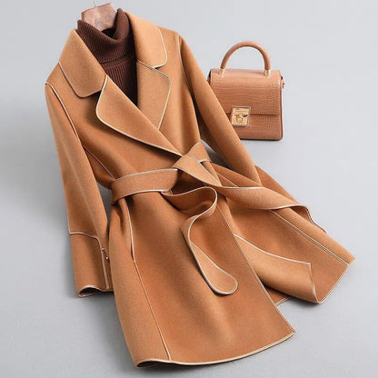 Women's Contrast Trim Belted Wool Coat