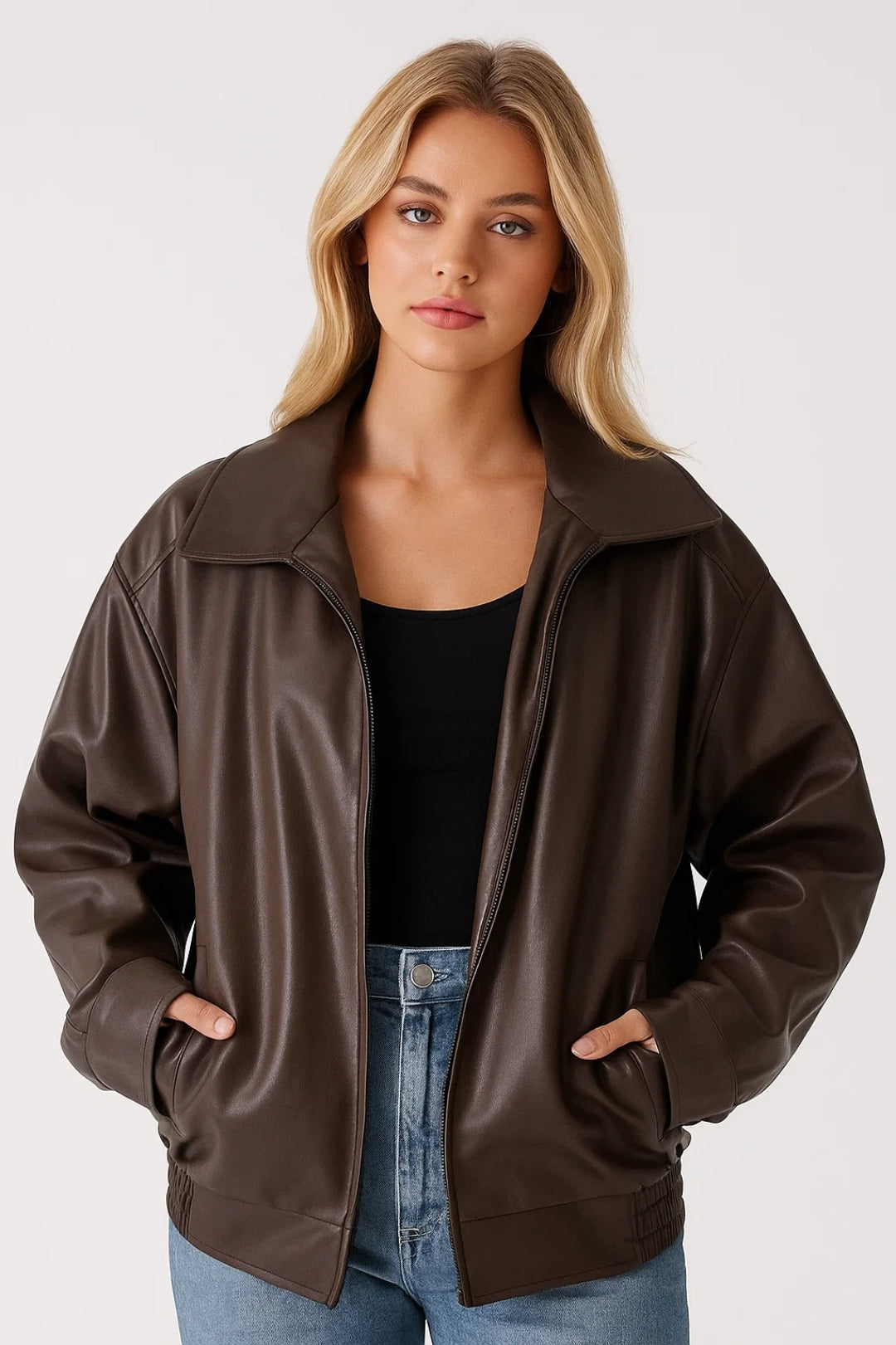 Women's Oversized Faux Leather Bomber Jacket