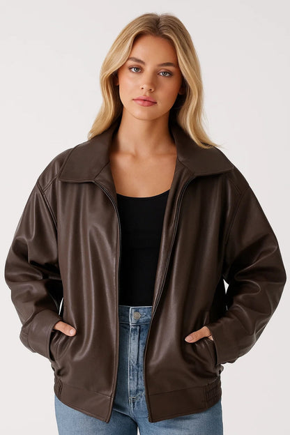 Women's Oversized Faux Leather Bomber Jacket