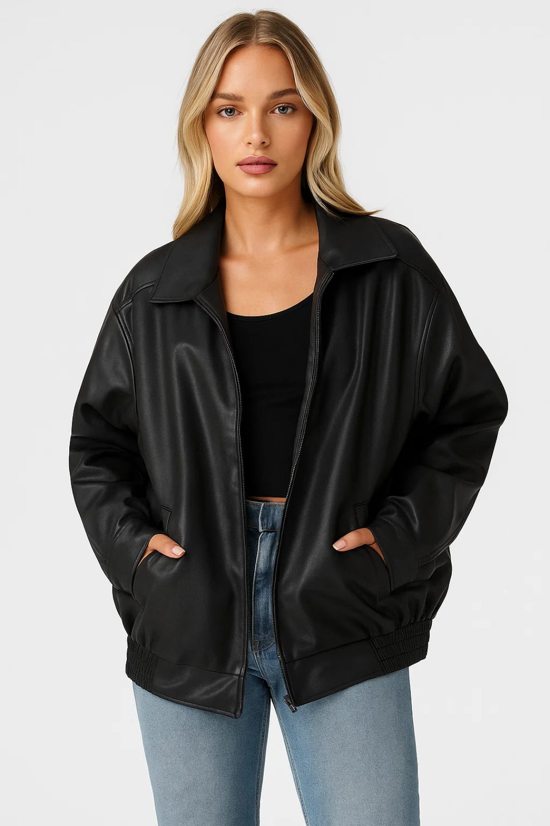 Women's Oversized Faux Leather Bomber Jacket