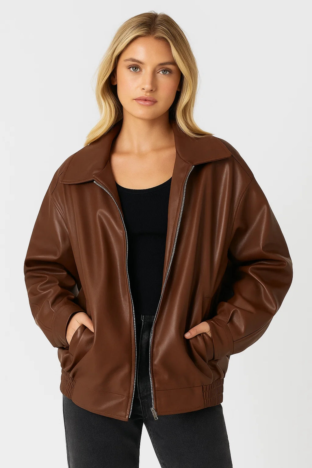 Women's Oversized Faux Leather Bomber Jacket