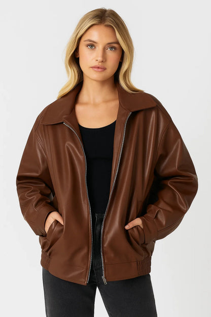 Women's Oversized Faux Leather Bomber Jacket