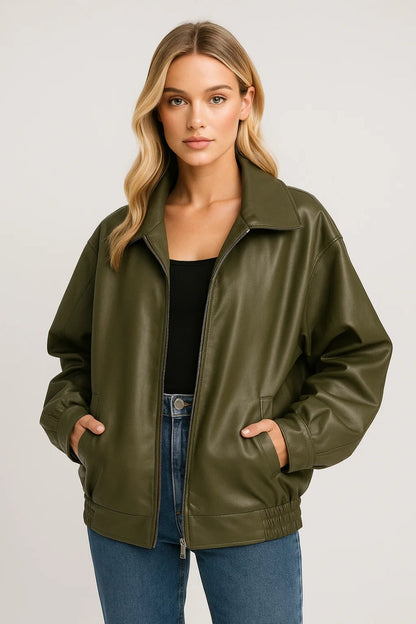 Women's Oversized Faux Leather Bomber Jacket