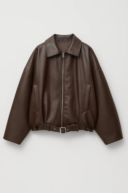 Women's Oversized Leather Belted Jacket