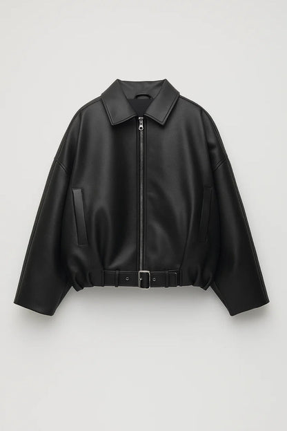 Women's Oversized Leather Belted Jacket