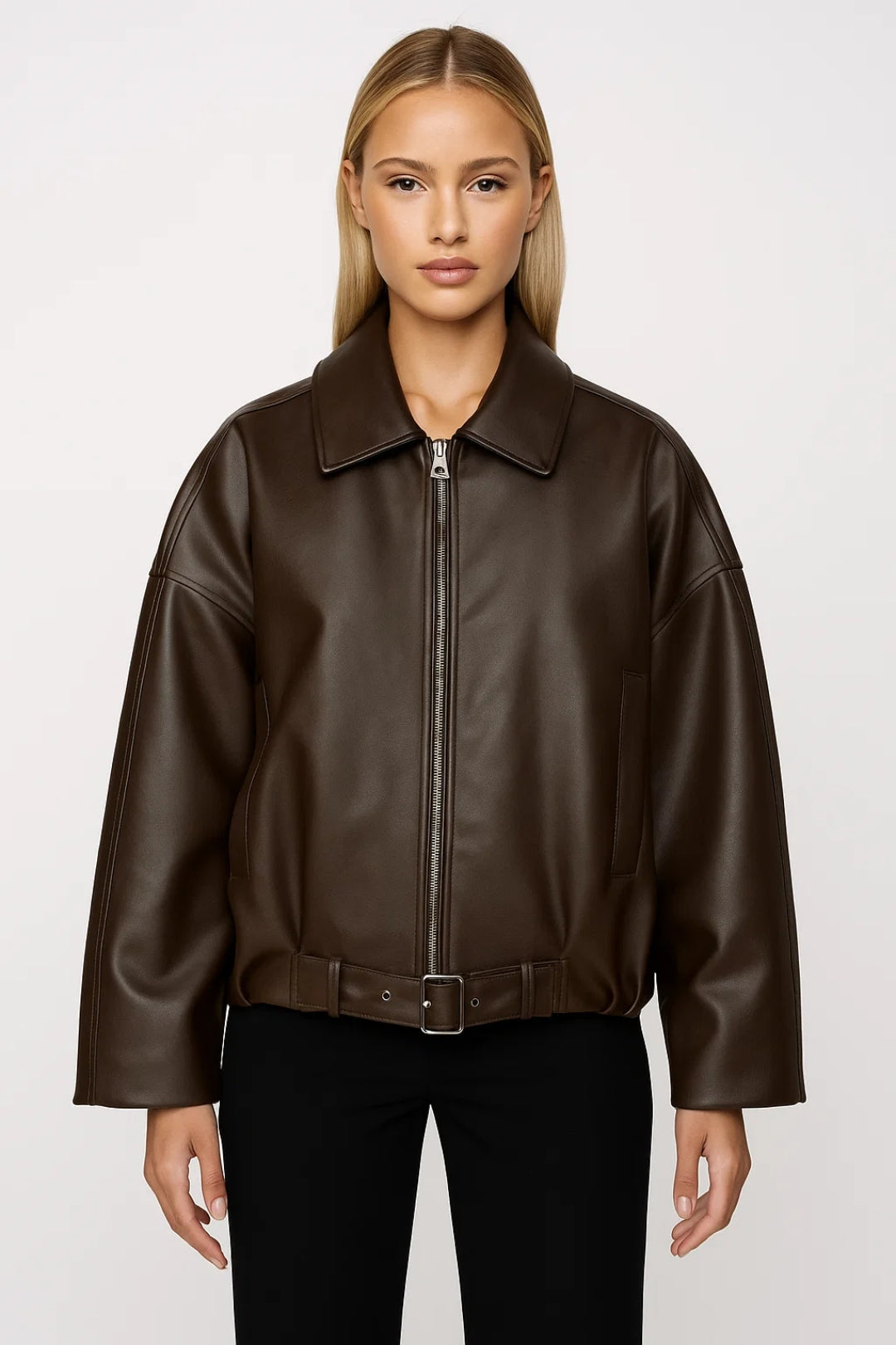 Women's Oversized Leather Belted Jacket