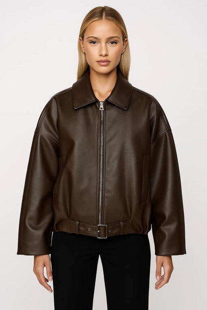 Women's Oversized Leather Belted Jacket