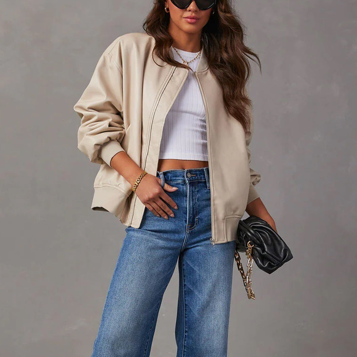 Women's Oversized Leather Bomber Jacket