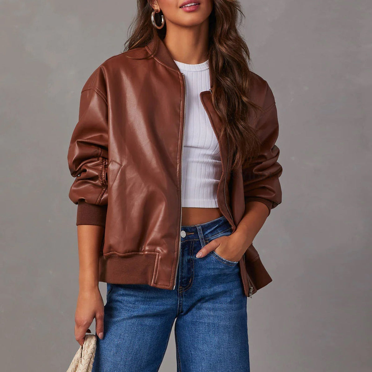 Women's Oversized Leather Bomber Jacket