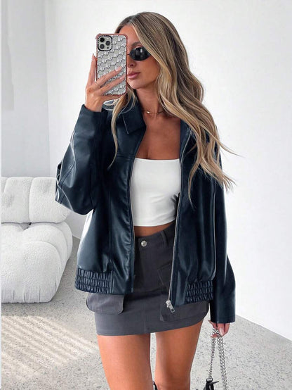 Women's Oversized Leather Gathered Jacket