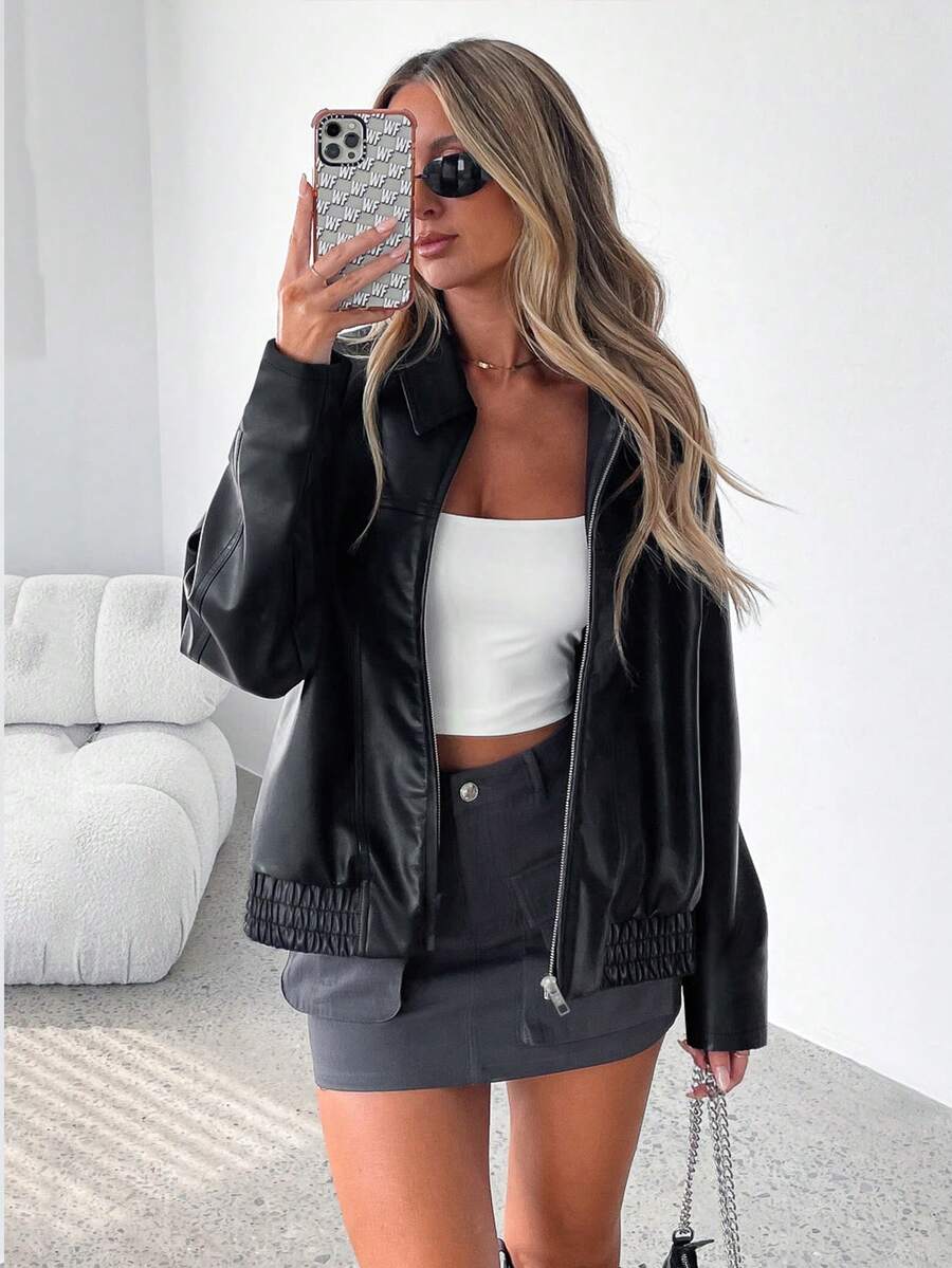 Women's Oversized Leather Gathered Jacket