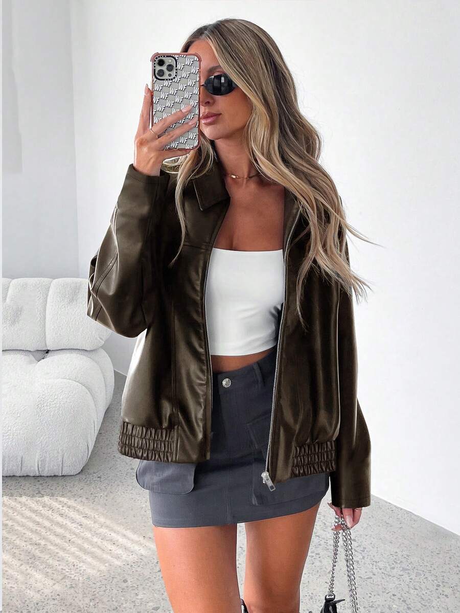 Women's Oversized Leather Gathered Jacket