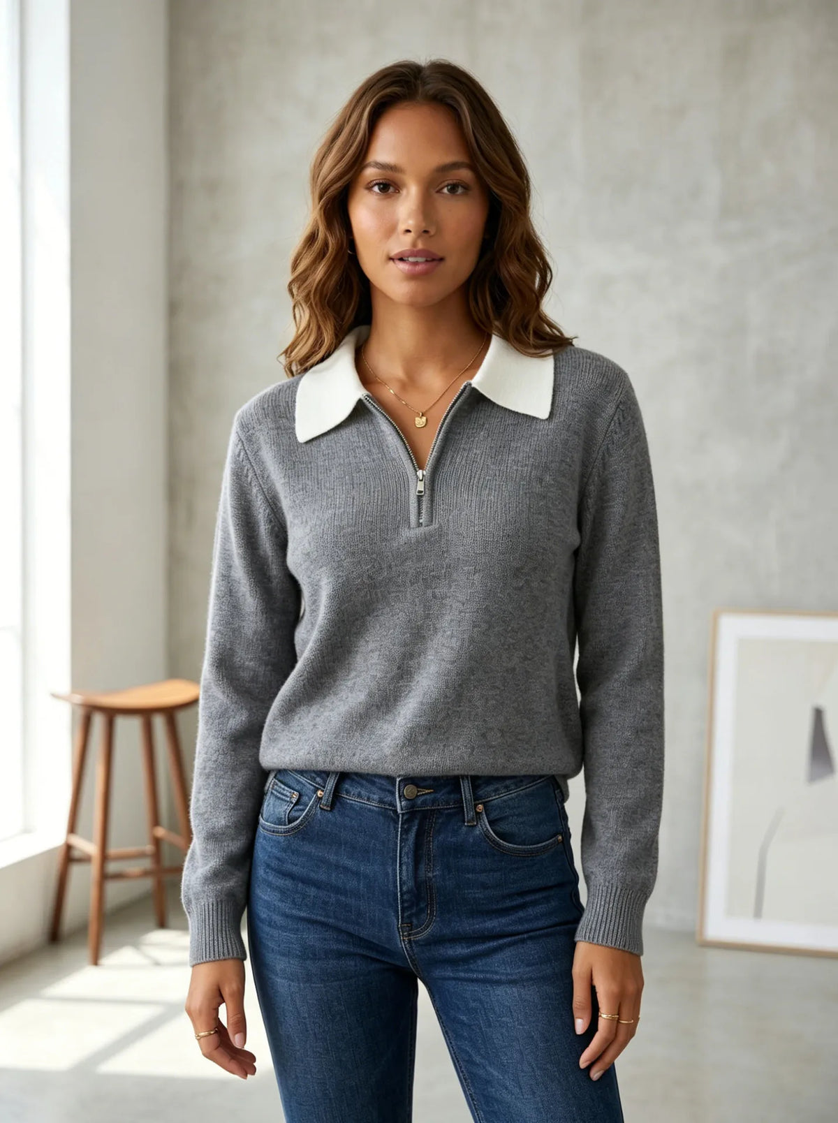 Women's Contrast Quarter Zip Sweater