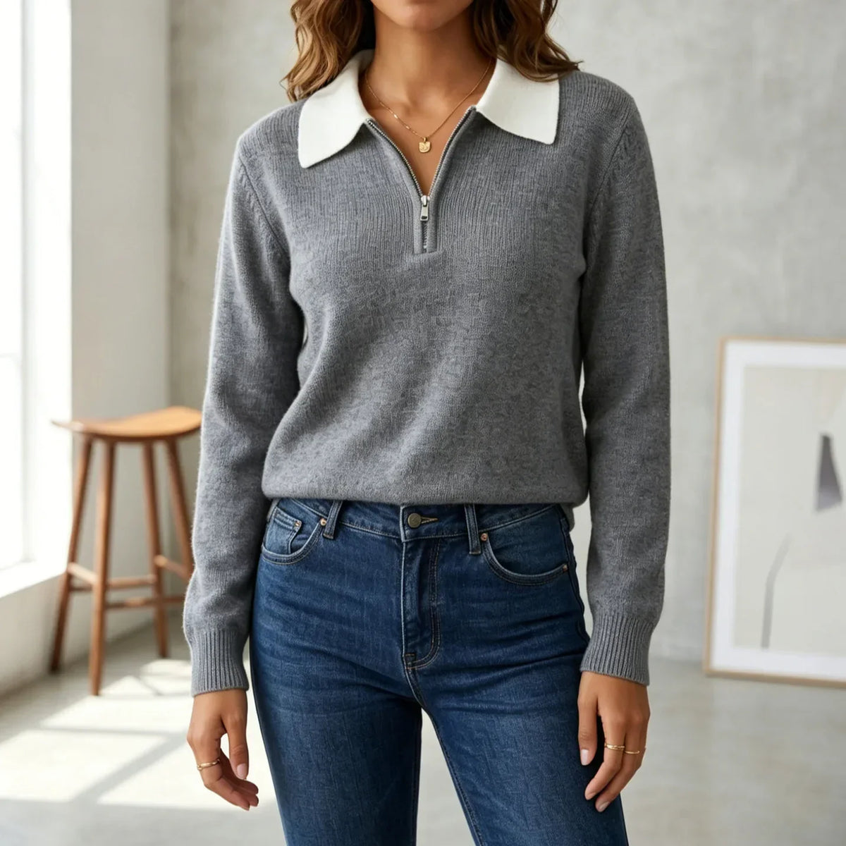 Women's Contrast Quarter Zip Sweater