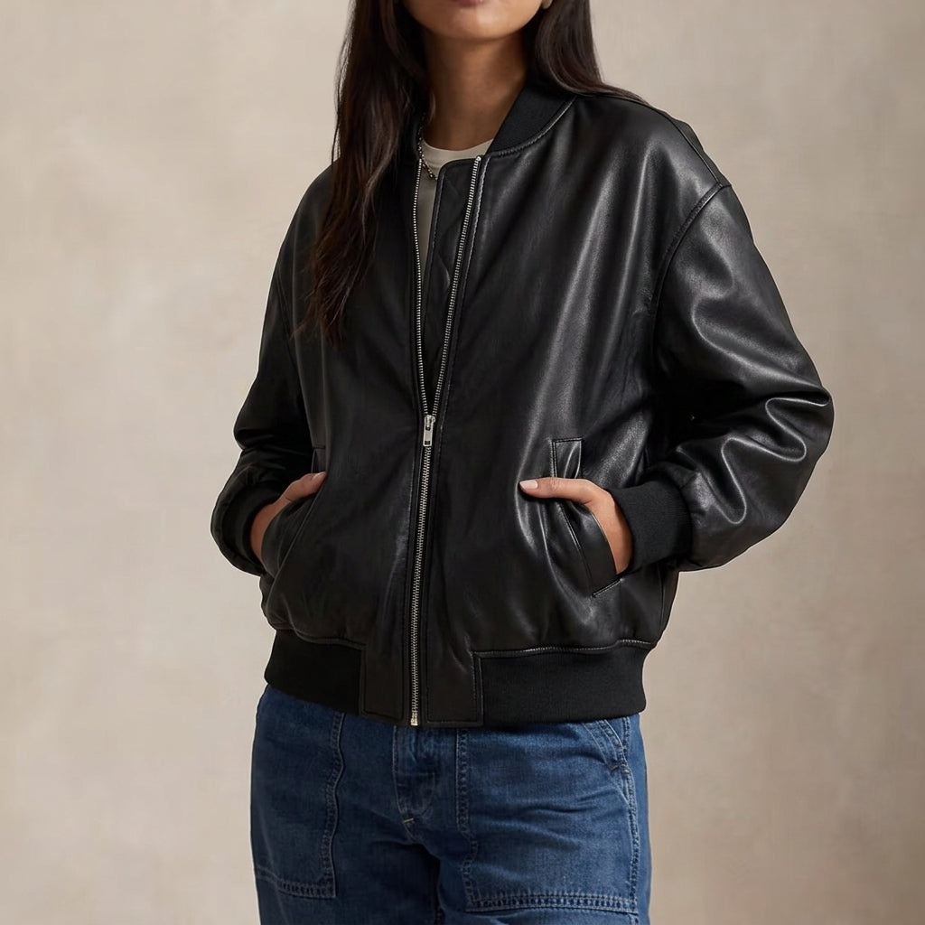 Women's Relaxed Leather Bomber Jacket