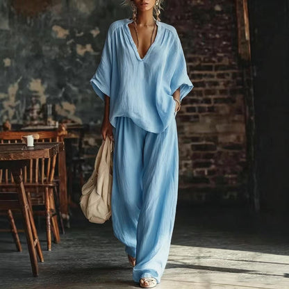 Women's V-Neck Linen Trouser Set