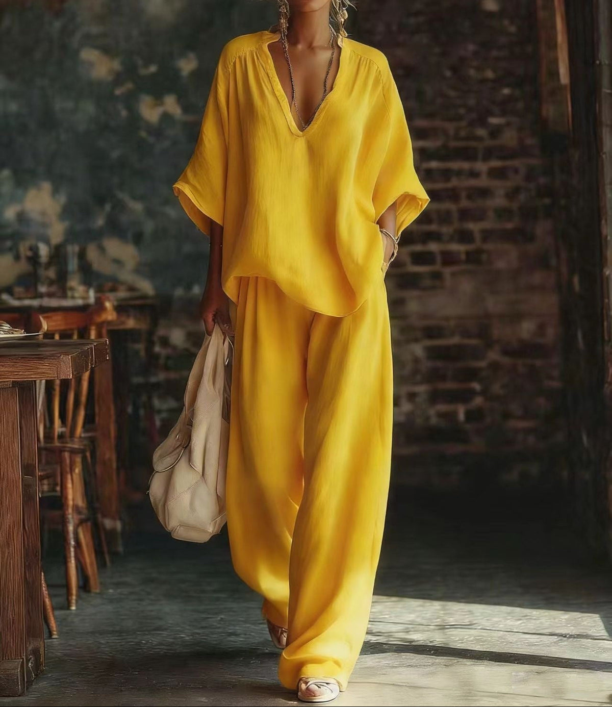Women's V-Neck Linen Trouser Set