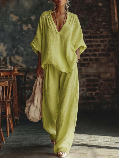 Women's V-Neck Linen Trouser Set