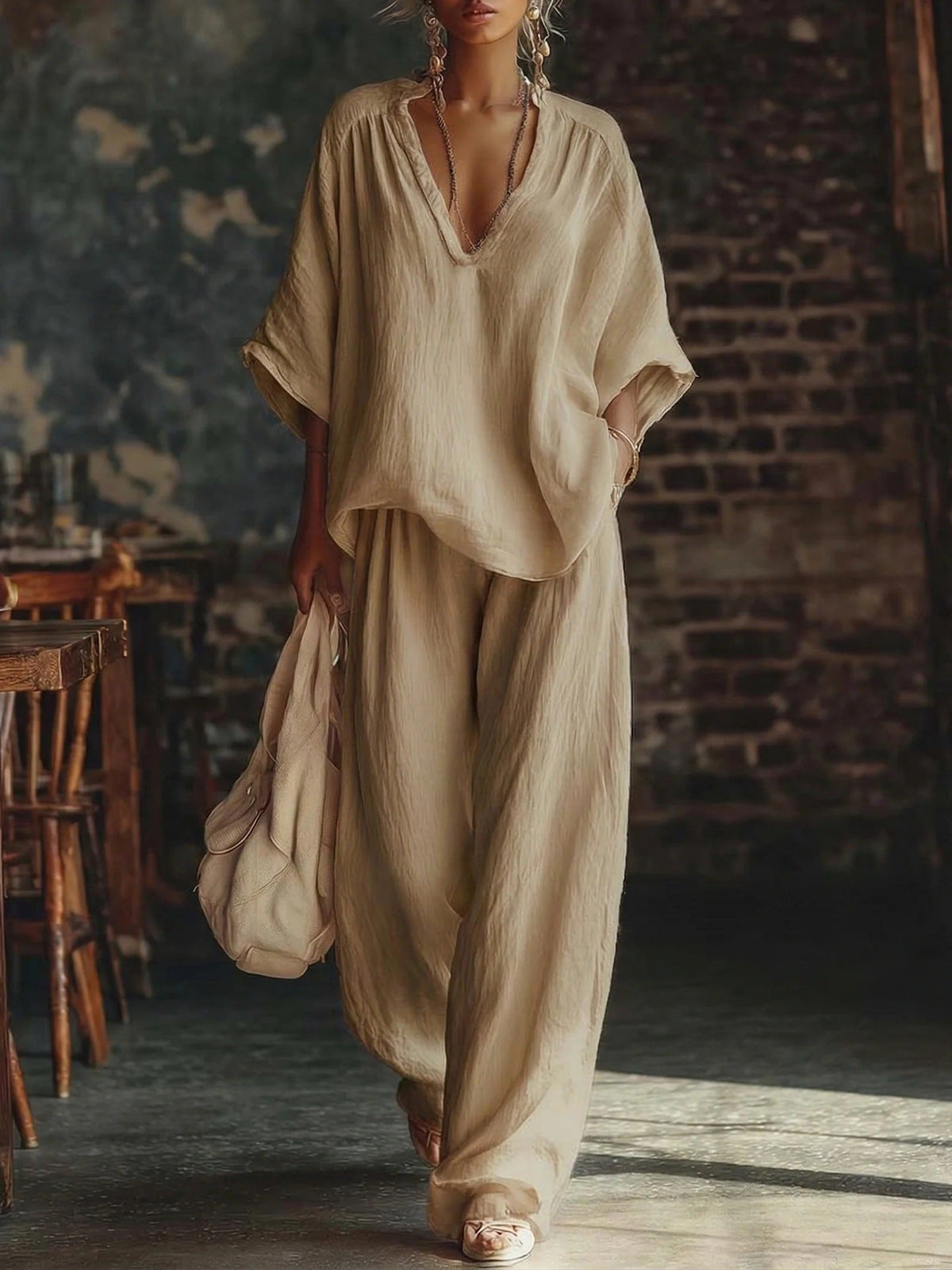 Women's V-Neck Linen Trouser Set