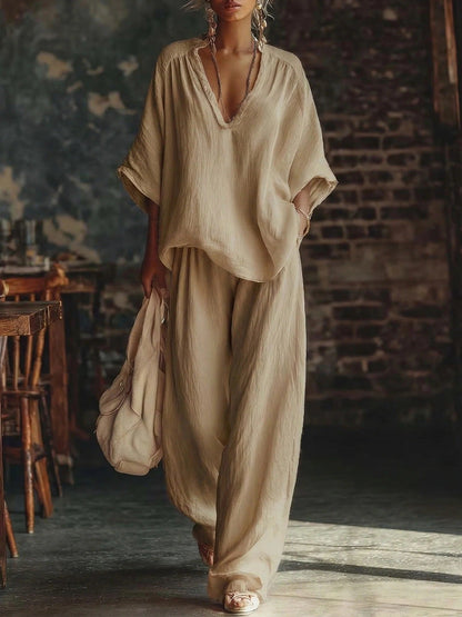 Women's V-Neck Linen Trouser Set