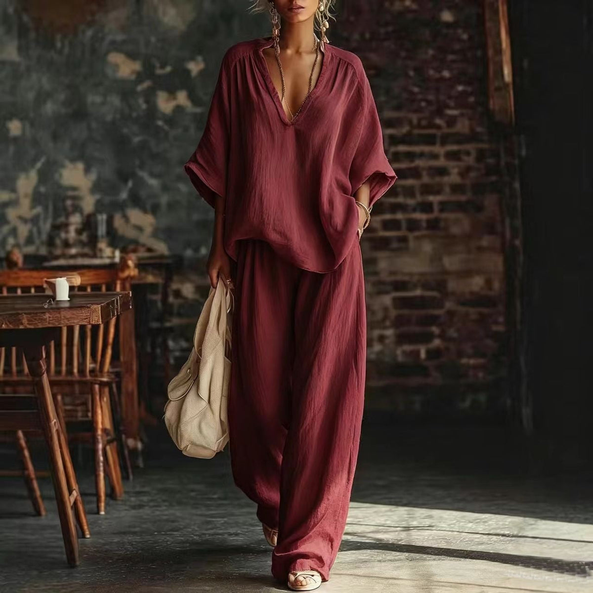 Women's V-Neck Linen Trouser Set