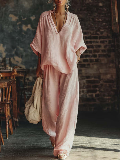 Women's V-Neck Linen Trouser Set
