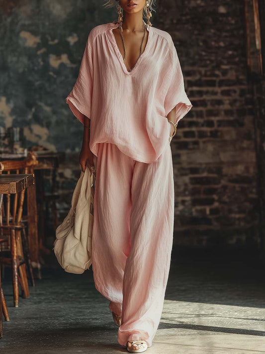Women's V-Neck Linen Trouser Set