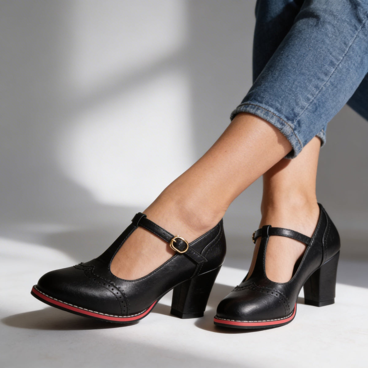 Women's Brogue T-Bar Block Heels