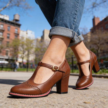 Women's Brogue T-Bar Block Heels