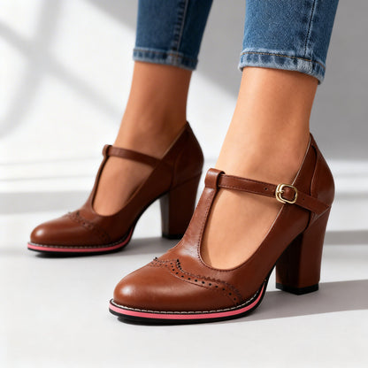 Women's Brogue T-Bar Block Heels