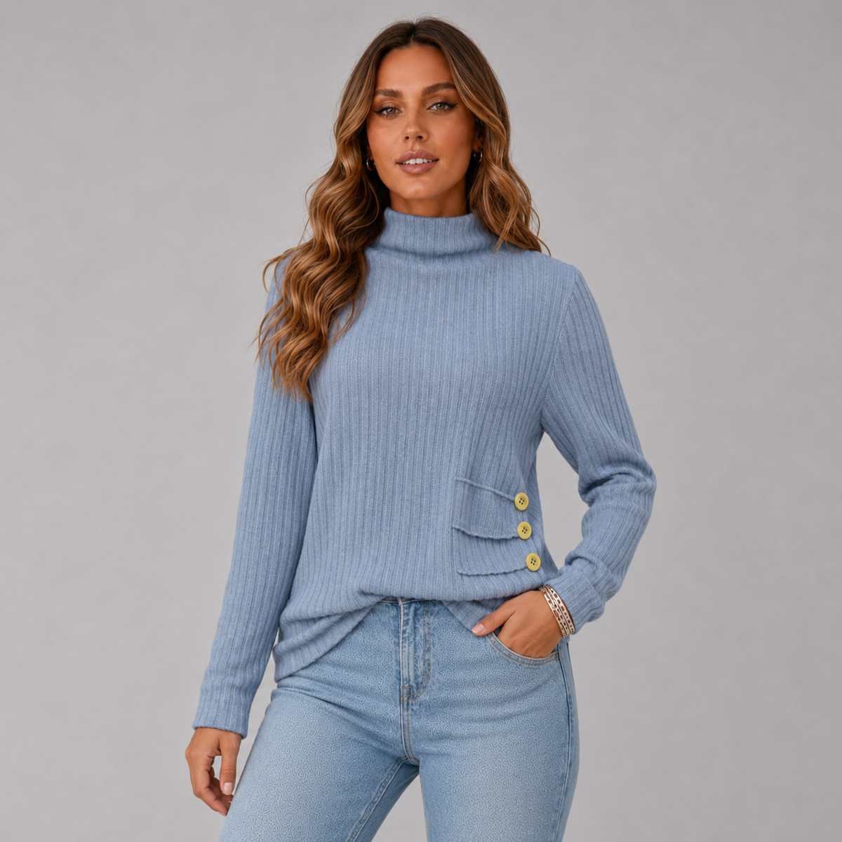 Women's Ribbed Button Turtleneck Sweater