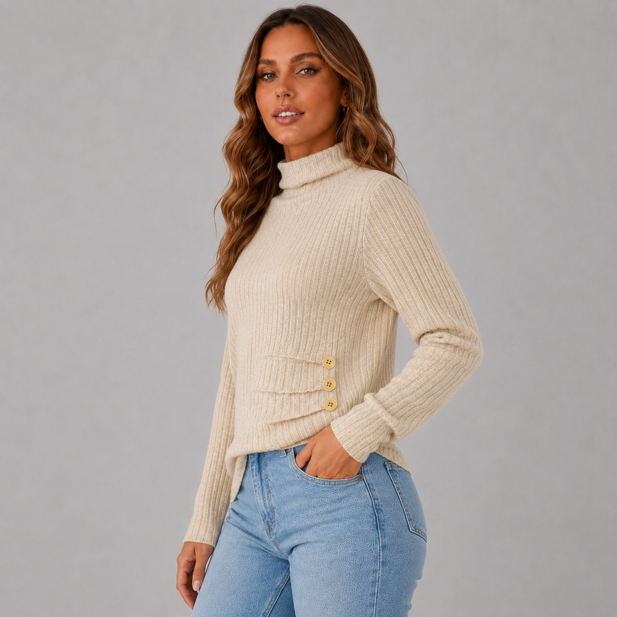 Women's Ribbed Button Turtleneck Sweater