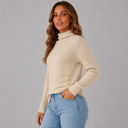 Women's Ribbed Button Turtleneck Sweater
