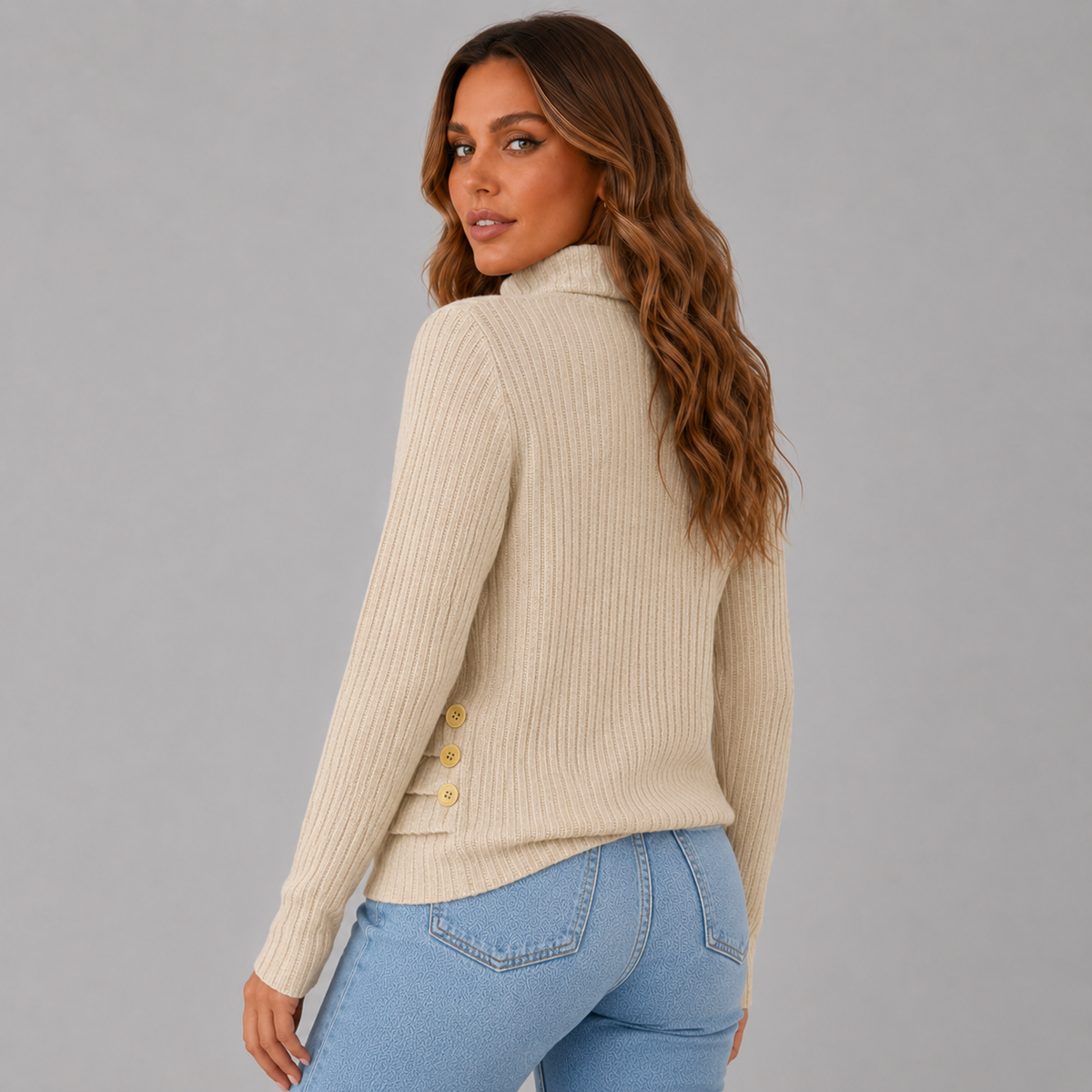 Women's Ribbed Button Turtleneck Sweater
