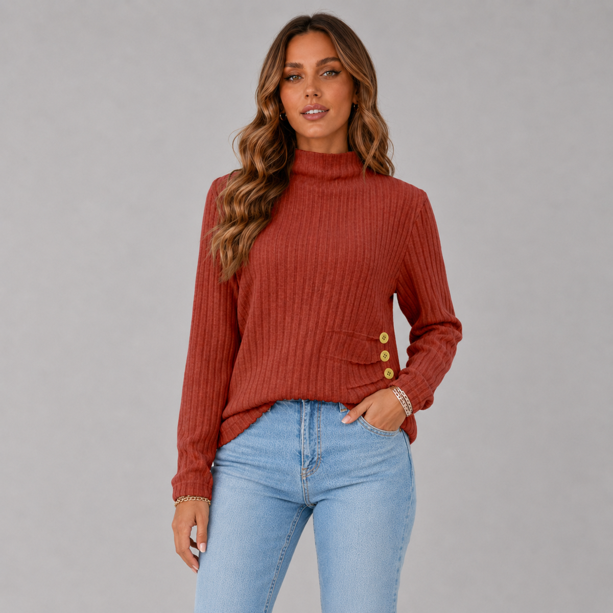 Women's Ribbed Button Turtleneck Sweater