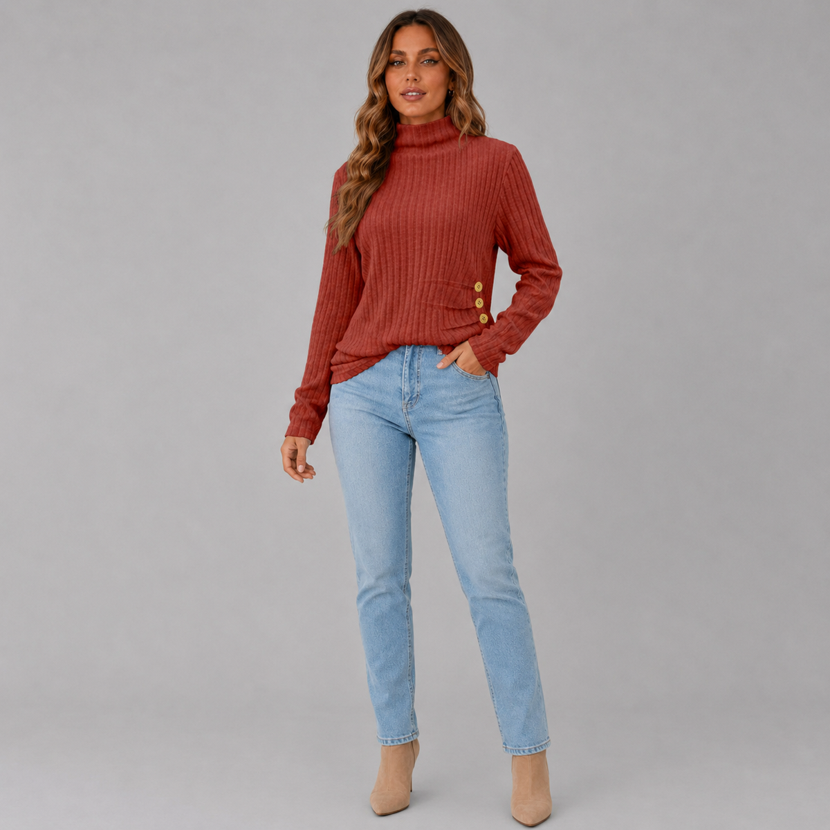 Women's Ribbed Button Turtleneck Sweater
