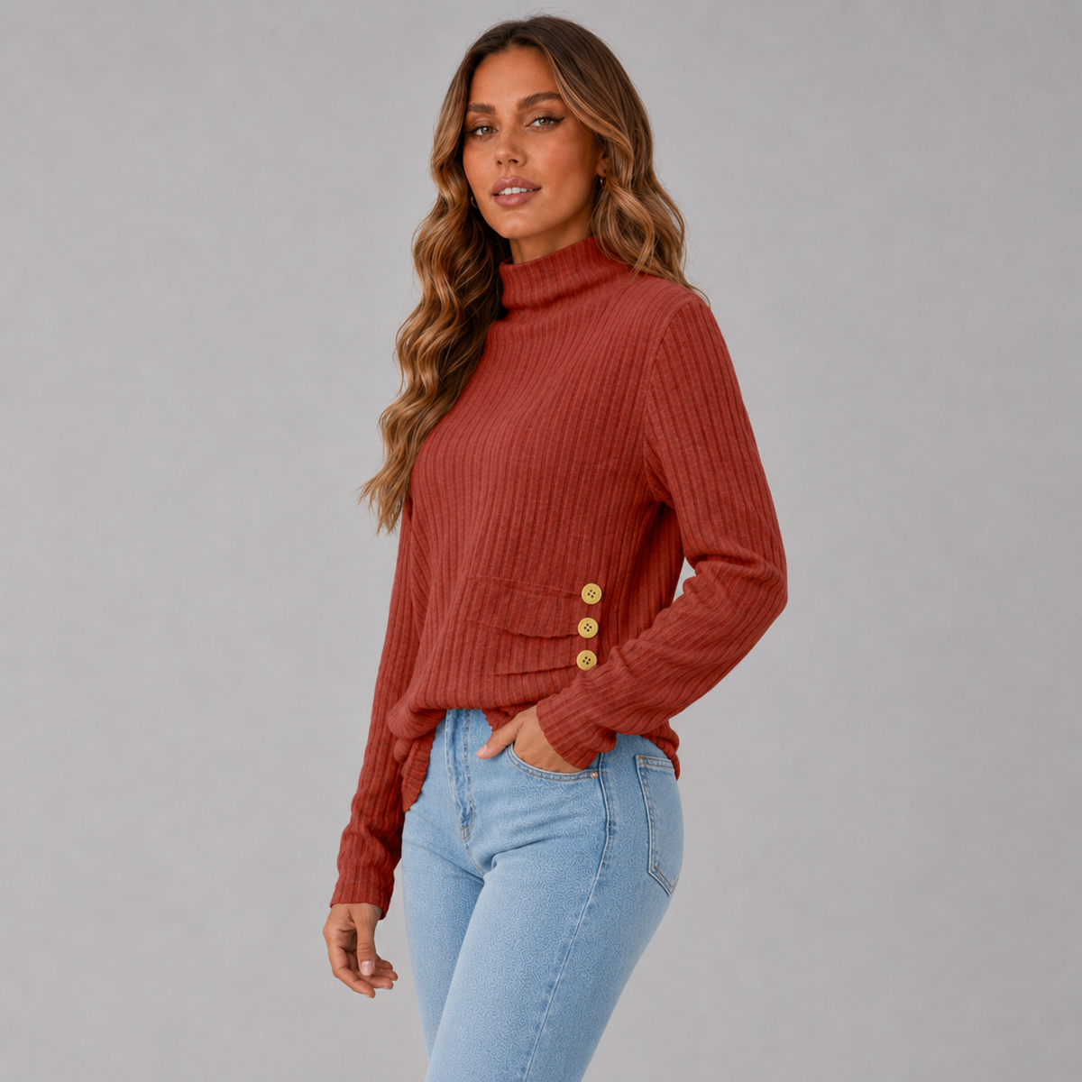 Women's Ribbed Button Turtleneck Sweater