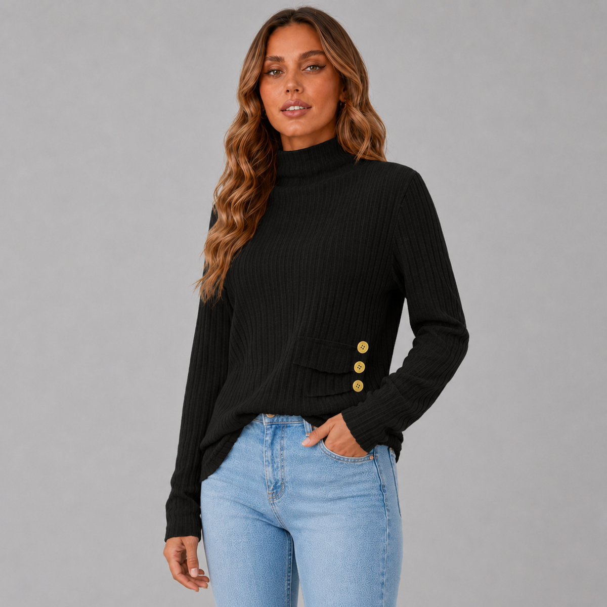 Women's Ribbed Button Turtleneck Sweater