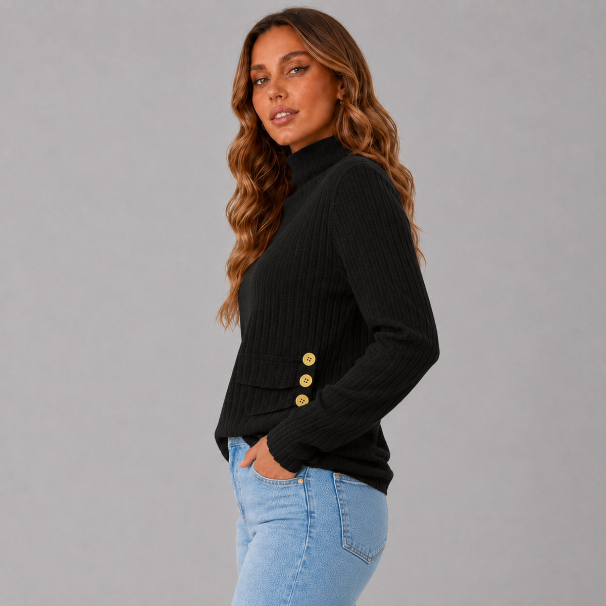 Women's Ribbed Button Turtleneck Sweater