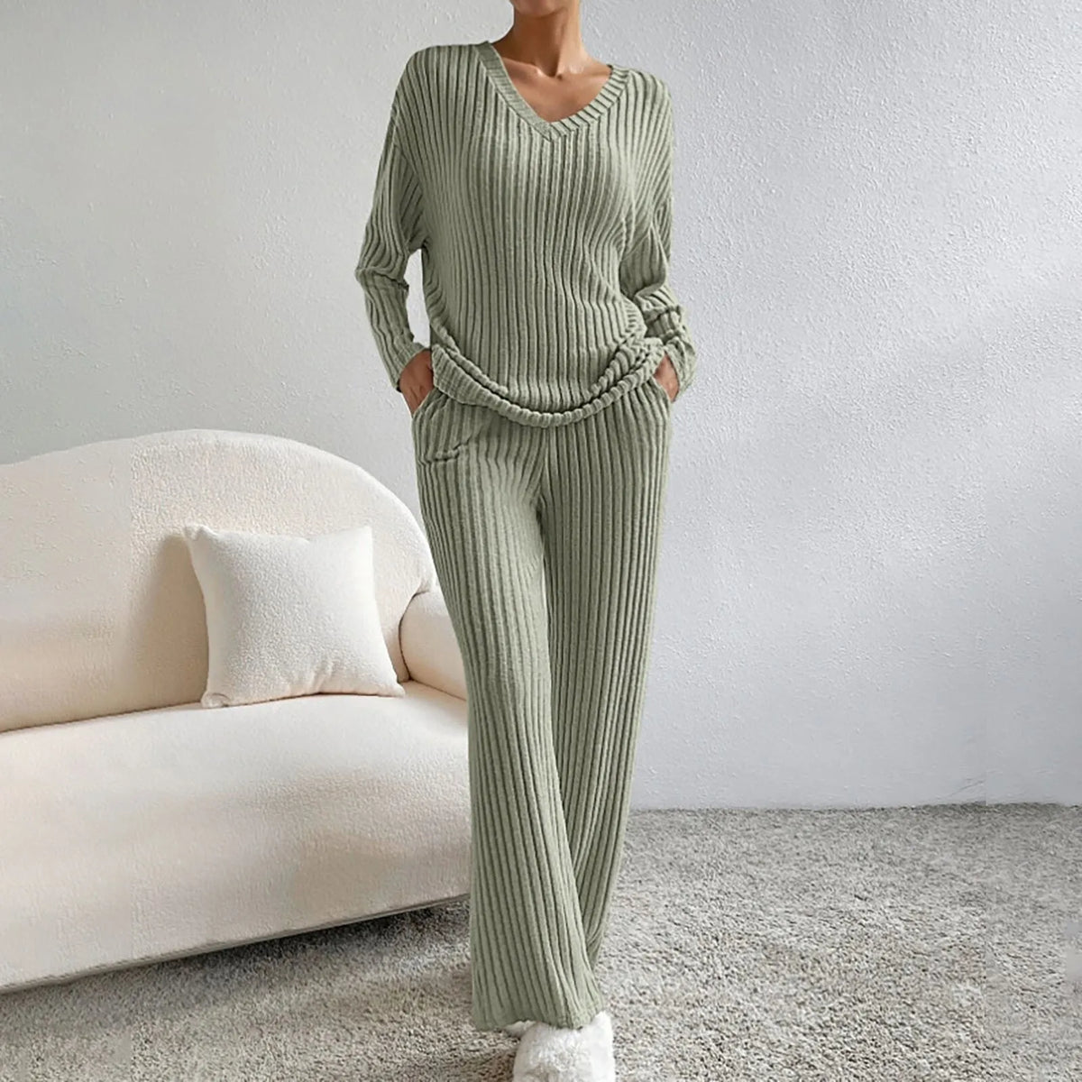 Women's Ribbed V-Neck Knit Set