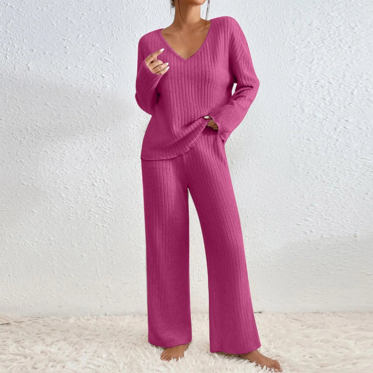 Women's Ribbed V-Neck Knit Set