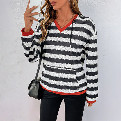 Women's Striped Contrast V-Neck Hoodie
