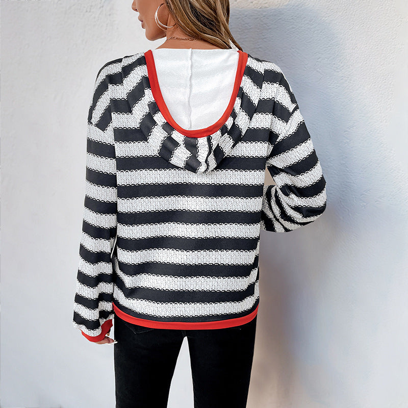 Women's Striped Contrast V-Neck Hoodie